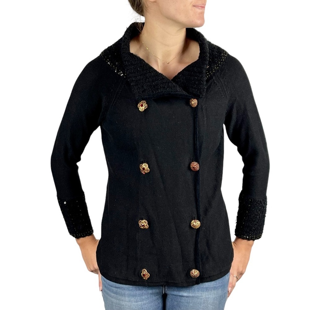 BEREK RHINESTONE CRYSTAL BUTTON DOUBLE BREASTED COTTON KNIT CARDIGAN SWEATER